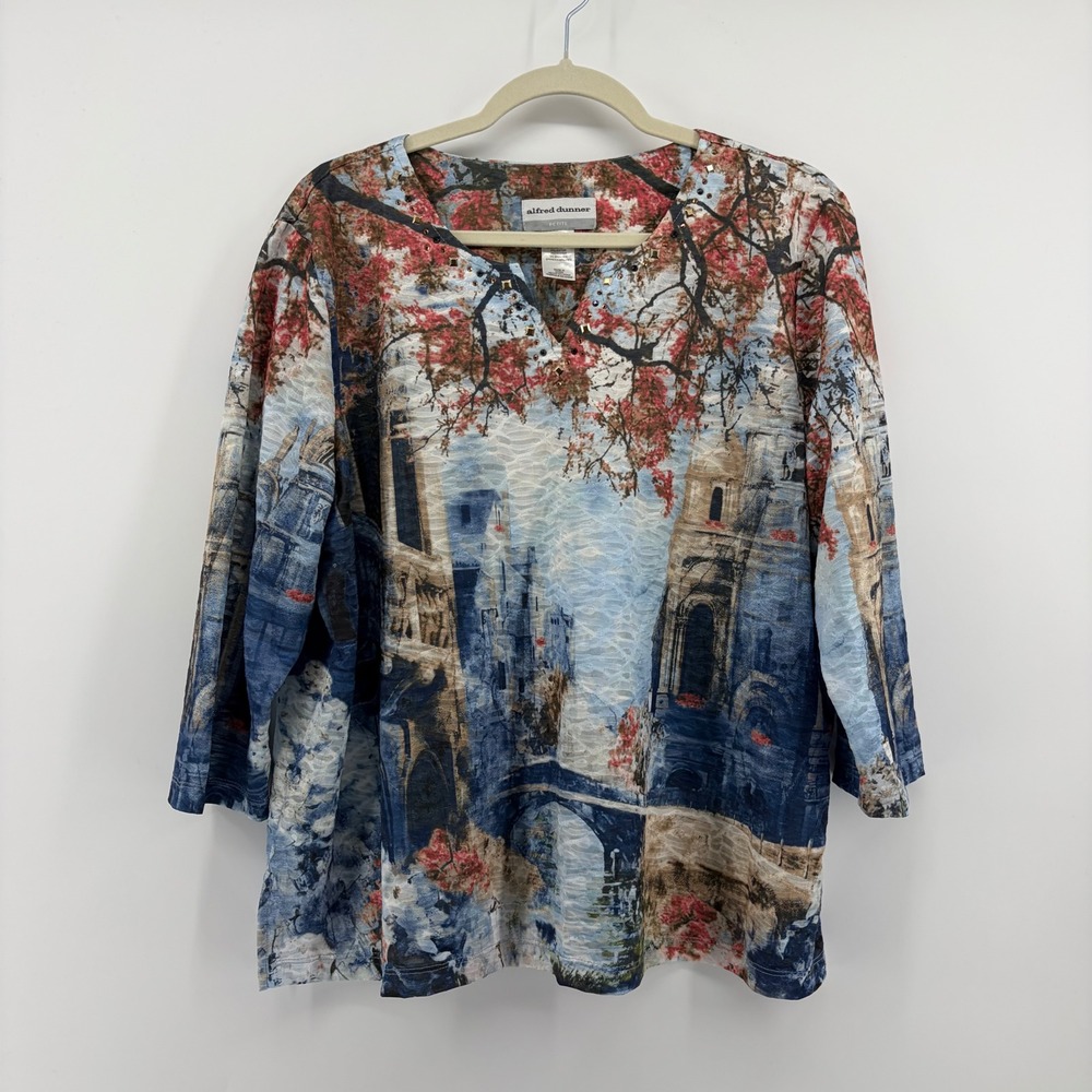 Alfred Dunner Scenic Landscape Top Blue Size PXL 3/4 Sleeve Studded Notched Neck